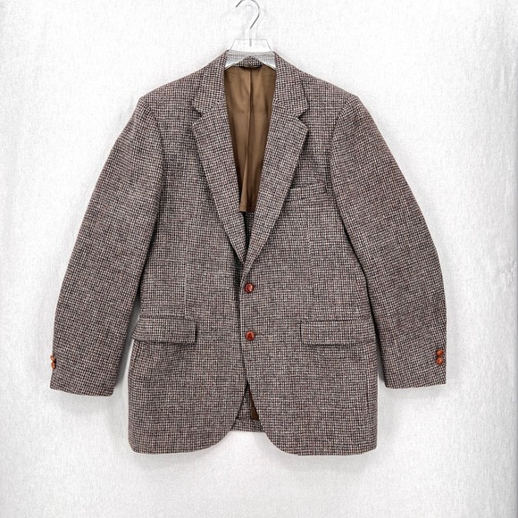 VINTAGE HARRIS TWEED MAN IN WOOL Blazer Mens Large Gray Brown White Sport Coat